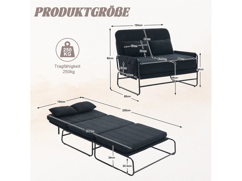  Canapé-lit 2 places tcqpz convertible 104 x 85 x 92 cm chenille noir avec poches latérales  - Conforama C