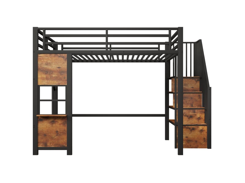 Lit mezzanine métal noir 140×200 cm avec échelle rangement, fenêtres et garde-corps - Conforama A