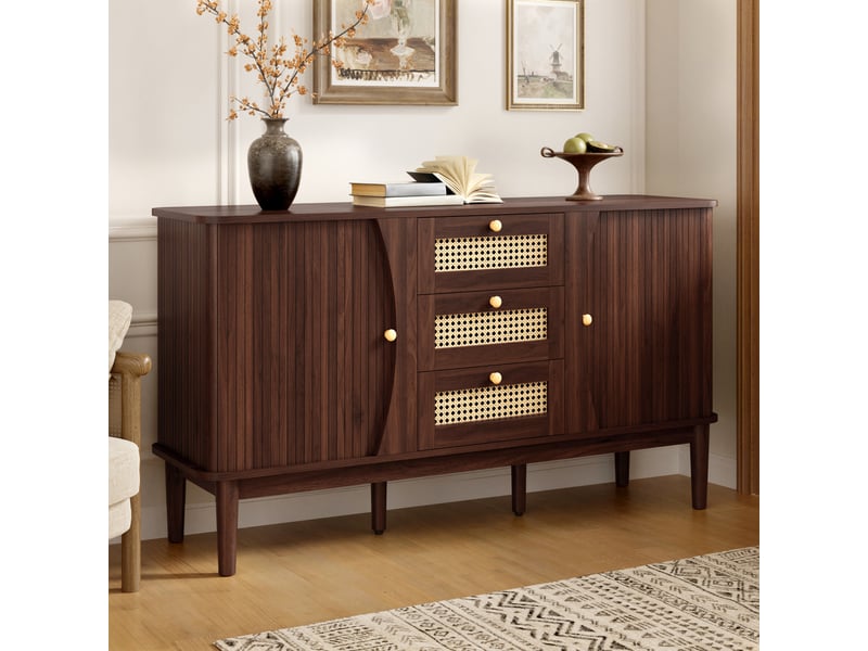 Buffet avec portes coulissantes et étagères réglables - lpospi - 3 tiroirs en rotin mdf noyer naturel 141 × 40 × 77 cm - Conforama B