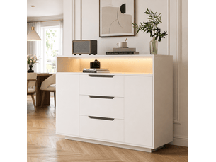 Buffet 120x40x85 cm avec 3 tiroirs, portes latérales et led coloris blanc