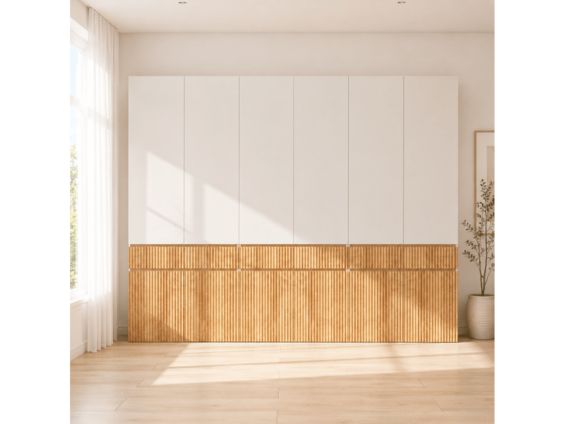  Armoire 12 portes avec 3 tiroirs et 3 penderies, finition chêne clair et gris, pour chambre, 270 × 50 × 200 cm  - Conforama C