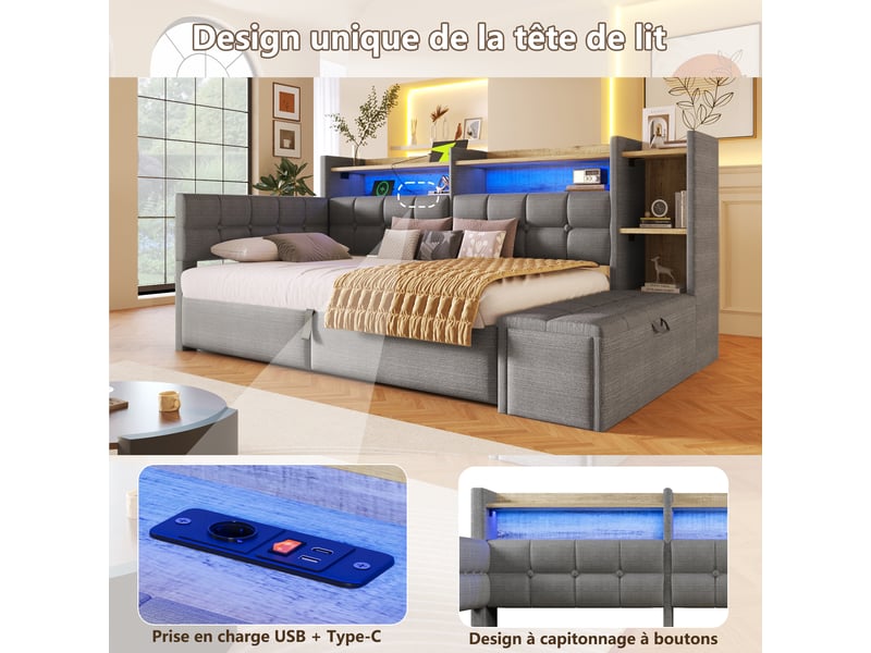  Lit coffre hydraulique 90x200 cm avec led multicolore, usb et usb-c et banc coffre, velours gris foncé, sans matelas  - Conforama R