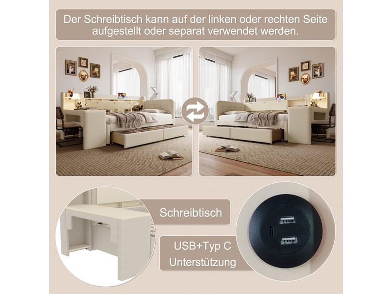 Lit coffre 90x200 cm avec bureau, 2 tiroirs, usb et usb-c, tissu lin beige, sans matelas - Conforama D