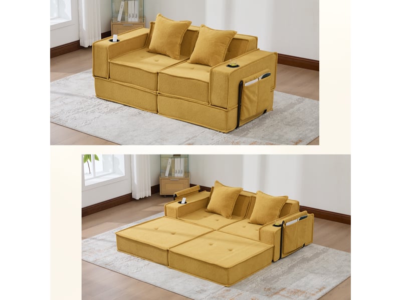  Canapé convertible, canapé-lit – en tissu, porte-gobelets, avec rangement, 2 places, avec pouf  - Conforama A