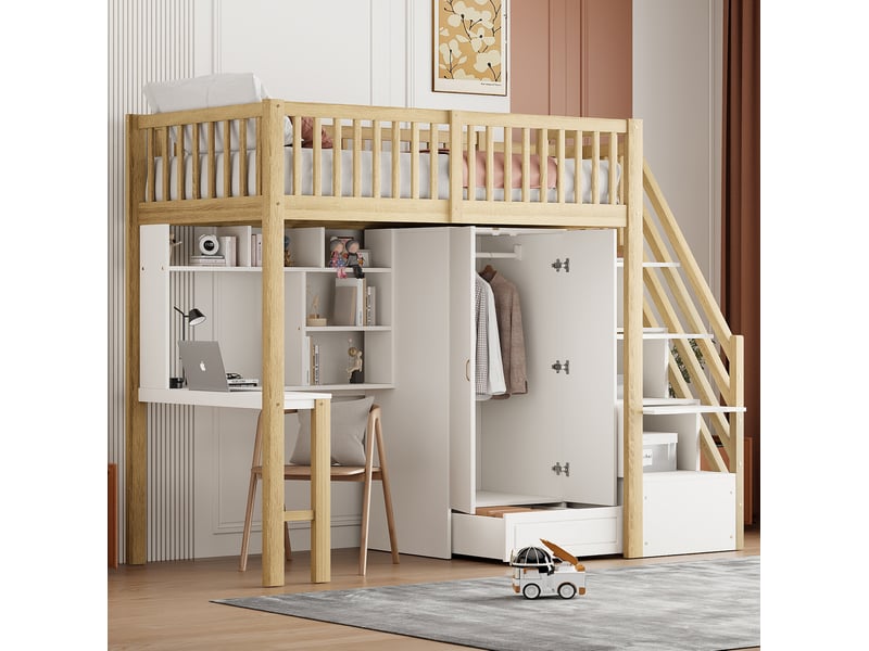  Lit mezzanine tcqpz 90 x 200 cm avec armoire, bureau, étagère et escalier de rangement blanc et bois naturel  - Conforama B