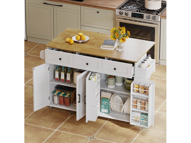  Îlot de cuisine avec plateau de travail rabattable, équipé de 5 roues à frein, 4 portes, 3 tiroirs, étagère sur porte, porte-serviettes double face, design style grange, blanc, 140x43(70)x90,5 cm  - Conforama D