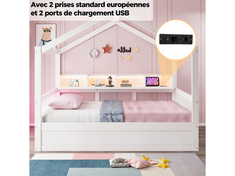 Lit cabane avec coffre hydraulique 140 x 200 cm - blanc, étagères, led et prises intégrées - Conforama E