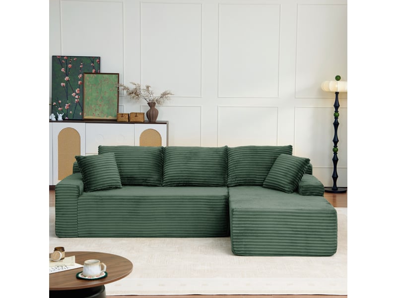  Canapé d’angle modulable 4 places en velours côtelé vert, 239x156x79 cm  - Conforama B