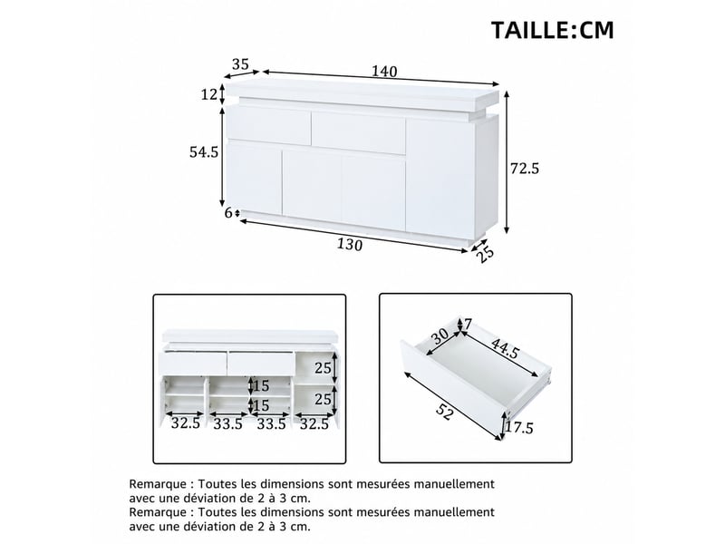  Buffet bas blanc à led – 2 tiroirs, 4 portes, 140 x 35 x 72,5 cm  - Conforama D