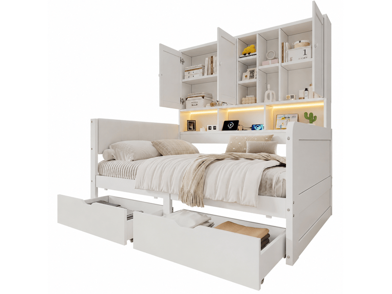 Lit enfant 90x200 cm avec rangements, led, prises usb et tête de lit en pu, blanc - Conforama A