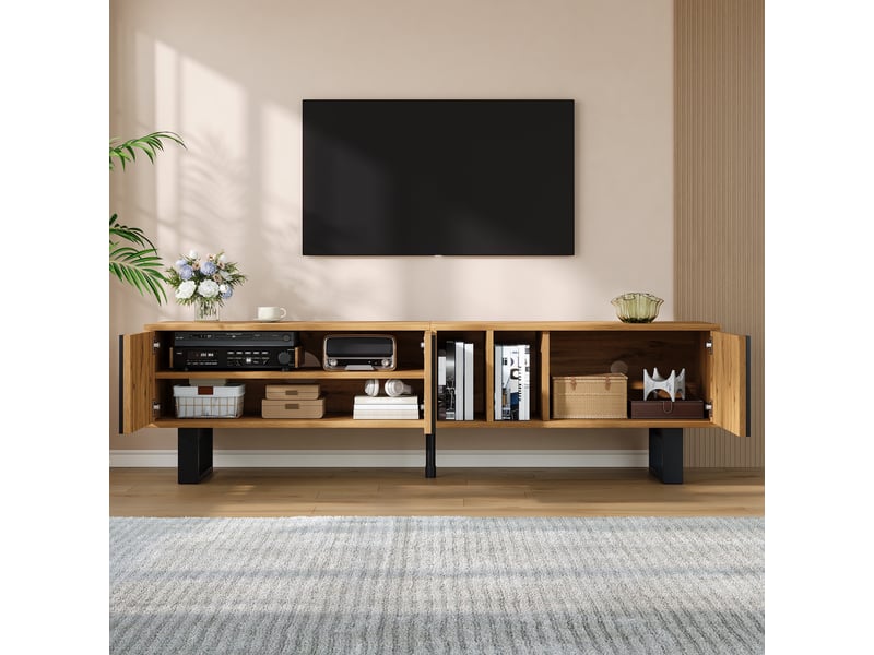  Meuble tv 160 cm – 3 portes, 2 compartiments, pieds métal noir -  style campagne  – bois naturel - buffet bas et table tv moderne  - Conforama E