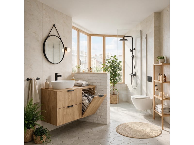  Meuble sous vasque suspendu avec panier à linge luna effet chêne hikora 100 cm  - Conforama W