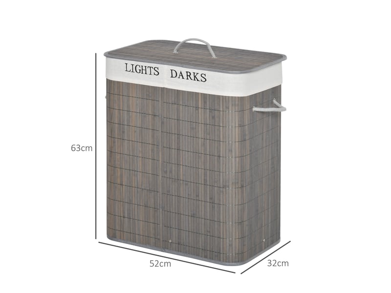  Panier à linge 52x32x63 cm à 2 compartiments, couvercle rabattable avec poignée, bambou, gris  - Conforama E