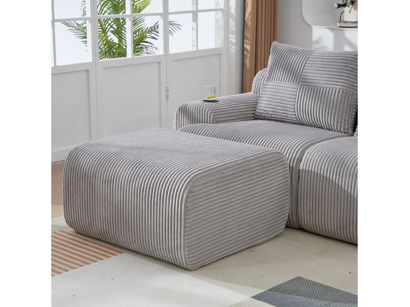  Canapé modulable 3 places 268x174x80 cm porte-gobelets poche latérale assise large confort velours côtelé gris clair  - Conforama E