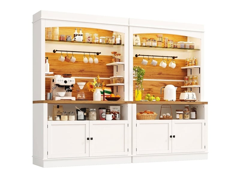  Lot de 2 buffets de cuisine hauts blancs 184 cm avec led et étagères en verre  - Conforama A
