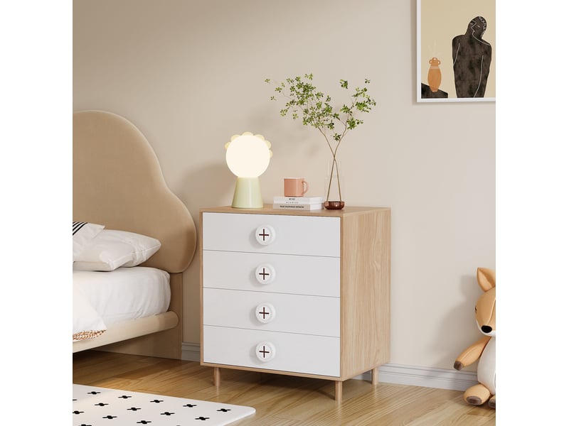  Commode 4 tiroirs, meuble de rangement pour chambre et chambre d’enfant, blanc et naturel, 80 x 54 x 90 cm  - Conforama B