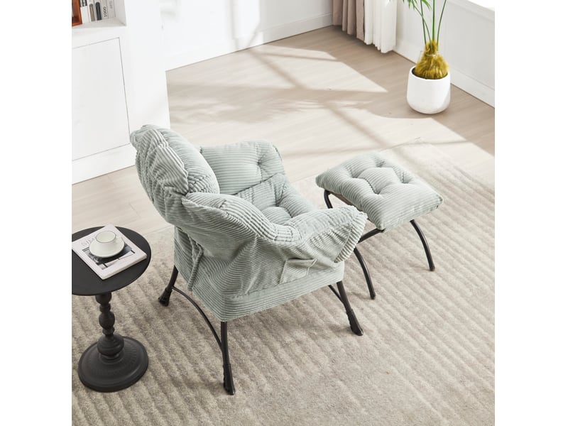  Fauteuil avec pouf et poche latérale, assise ergonomique en acier et tissu flanelle vert clair  - Conforama E