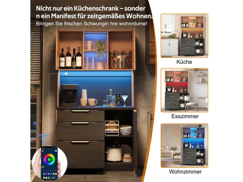  Colonne haute de cuisine élégante 100×40×180 cm – look béton, plan noir, led réglables, prise européenne  - Conforama E