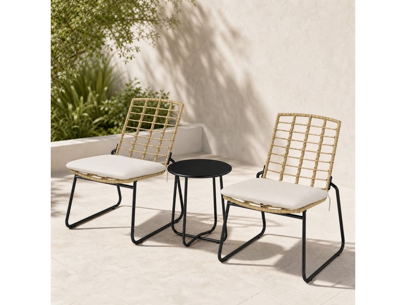 Salon de jardin 3 pièces en rotin beige, 2 chaises empilables avec table ronde pour balcon et terrasse - Conforama B
