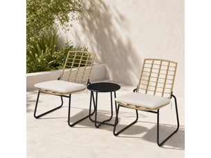 Salon de jardin 3 pièces en rotin beige, 2 chaises empilables avec table ronde pour balcon et terrasse