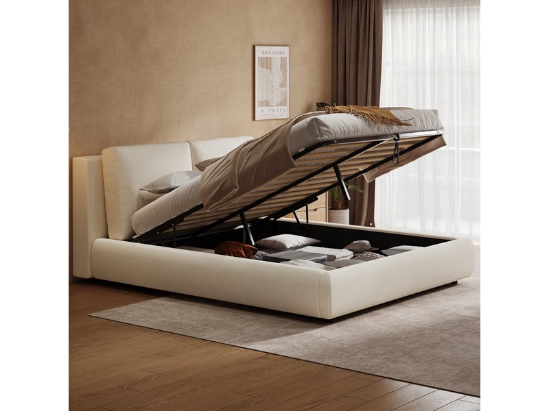 Lit coffre 160x200 cm, lit double, sommier à lattes, rangement hydraulique, tissu bouclé beige, tête de lit rembourrée  - Conforama C