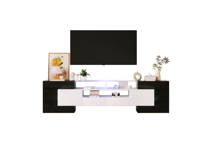  Meuble tv moderne 200cm, éclairage led, 4 portes, espace de rangement, 2 tiroirs, en mdf couleur noir brillant  - Conforama A