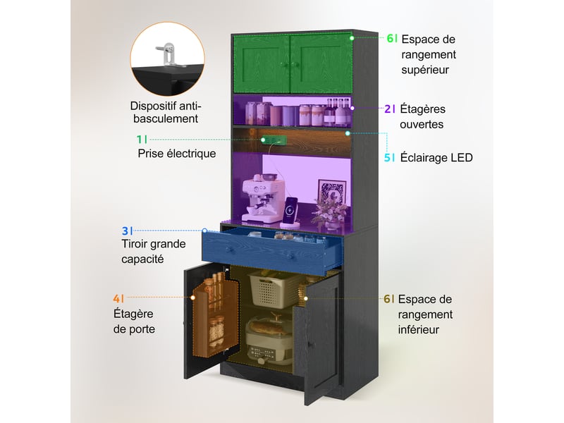  Meuble de cuisine muvano, armoire de cuisine noire de 180 cm avec led et prises, 72 × 40 cm  - Conforama E