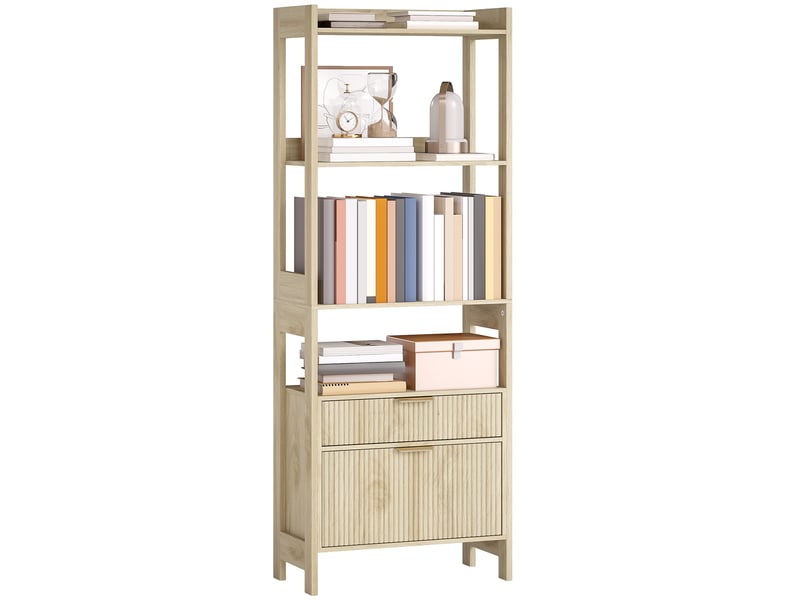  Bibliothèque haute, meuble de rangement avec 4 étagères ouvertes et 2 tiroirs cannelés, 60 x 30 x 160 cm, bois naturel  - Conforama A