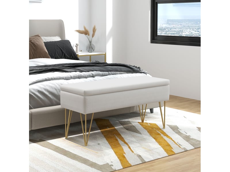  Banc de rangement tcqpz rembourré 100 x 40 x 49 cm en polyester aspect lin crème  - Conforama B