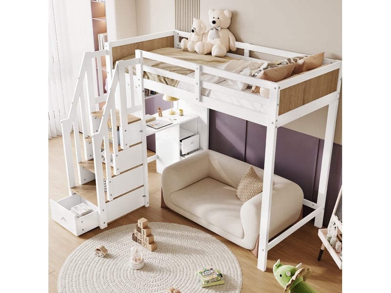  Modenvie lit mezzanine enfant 90x200 cm - bureau 3 tiroirs, rangement integre, sans matelas - blanc  - Conforama E