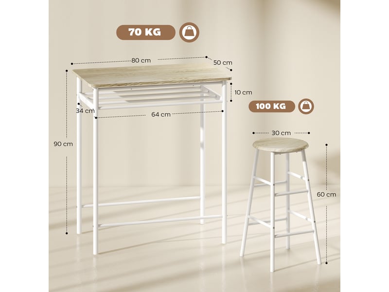  Ensemble table de bar avec tabourets, table à manger debout avec 2 chaises, étagère et pieds en métal, 80x50x90cm, blanc  - Conforama C