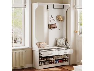 Vestiaire d'entrée - 104x35x180cm - avec grand miroir, 4 patères, tringle, banc coussinné et meuble à chaussures - blanc