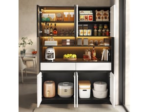 Buffet 120 x 38 x 160 cm avec éclairage led et compartiment vitré, meuble de rangement à deux couleurs noir et blanc