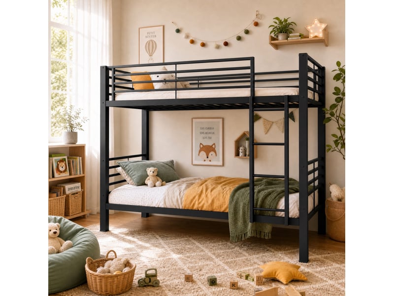  Lit superposé 90x200 cm en métal noir avec échelle réversible  - Conforama E
