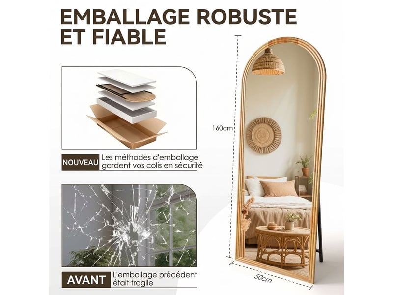 Miroir sur pied arqué 160x50 cm bois massif – marron style bohème - Conforama C