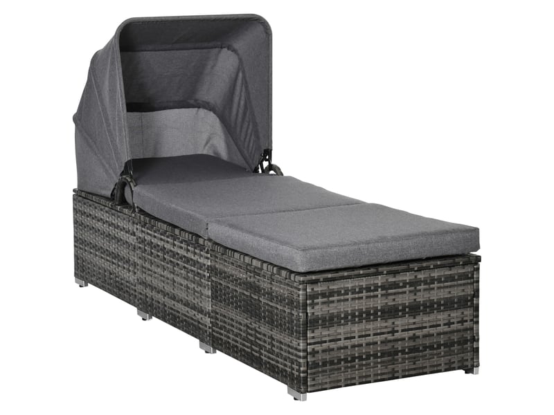 Chaise longue de jardin en résine tressée, avec pare-soleil, dossier réglable, coussin, pour terrasse et balcon - Conforama A