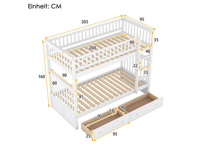  Modenvie lit superposé convertible 90x200 cm - avec 2 tiroirs, transformable en 2 lits - pour chambre d'enfant - blanc  - Conforama C