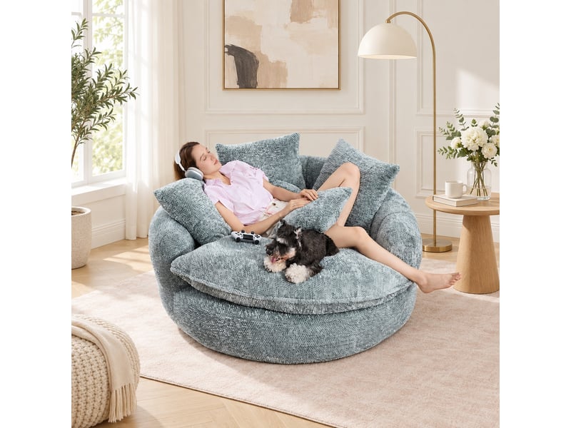  Fauteuil lounge géant 190,5 x 138 x 63 cm bleu-gris, mousse et tissu polyester, dossier réglable et coussin  - Conforama B