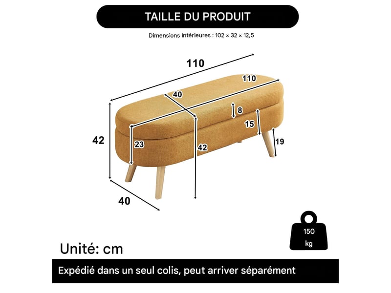  Banc coffre de rangement en tissu chenille jaune 110 x 40 x 42 cm W3349P455067 - Conforama C