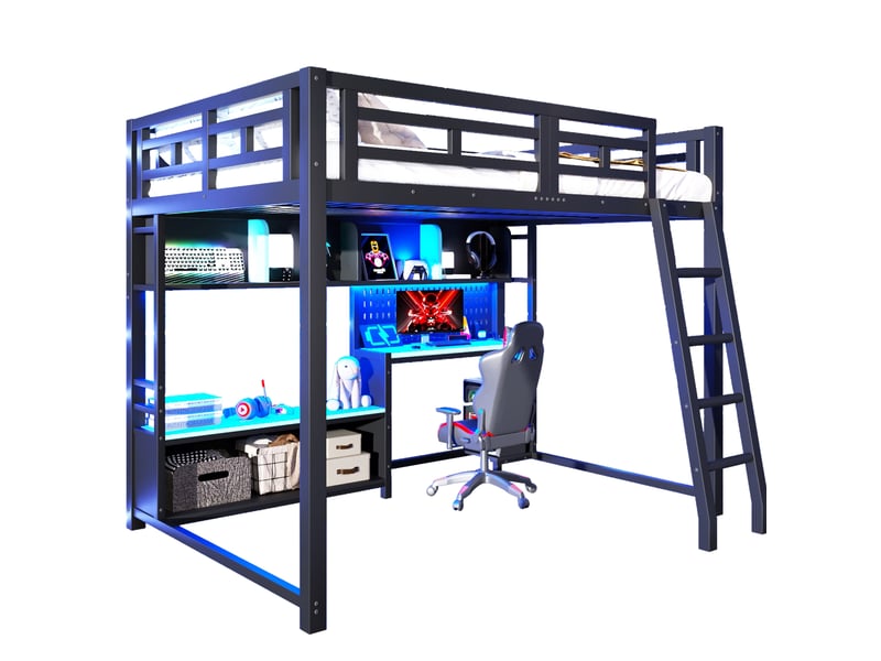  Lit mezzanine 140 × 200 cm 2 places avec bureau, éclairage led et étagères, sans matelas, en métal noir  - Conforama A