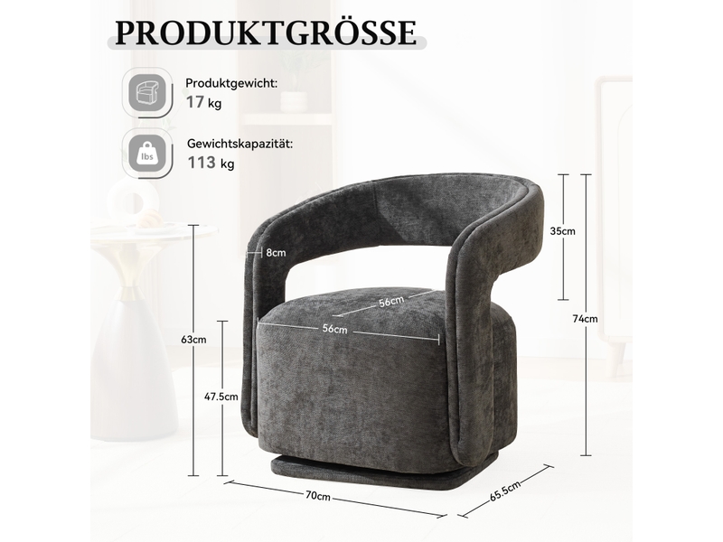  Fauteuil pivotant 360° lounge avec dossier ergonomique et assise rembourrée en chenille gris foncé, 70 × 65,5 × 74 cm  - Conforama D