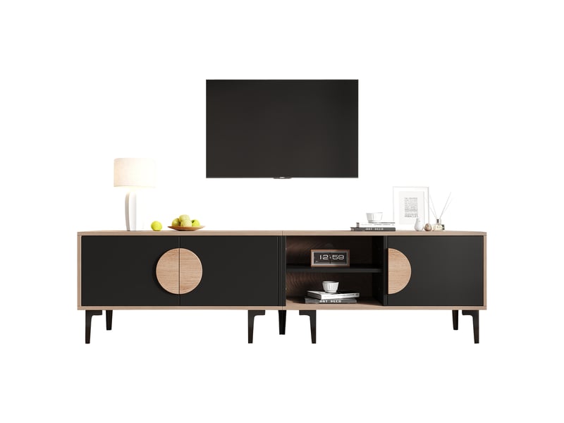  Meuble tv noir en bois 180x35x49 cm, 2 portes, étagères ouvertes, salon, compatible tv jusqu'à 80 pouces  - Conforama A