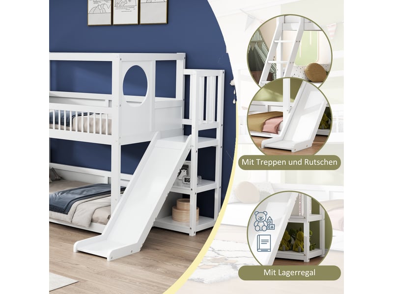 Lit superposé enfant 90x200 cm avec toboggan étagères multifonction pin blanc BUBBLY - Conforama E