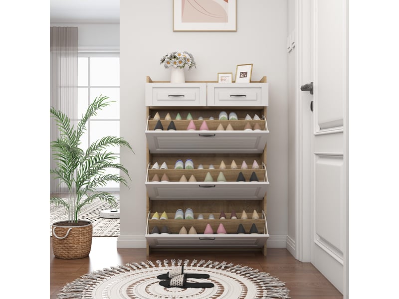 Meuble à chaussures avec 3 compartiments et 2 tiroirs - rangement pratique - mdf - sécurité anti-basculement - 125x80x23,5 cm - blanc et naturel  - Conforama C