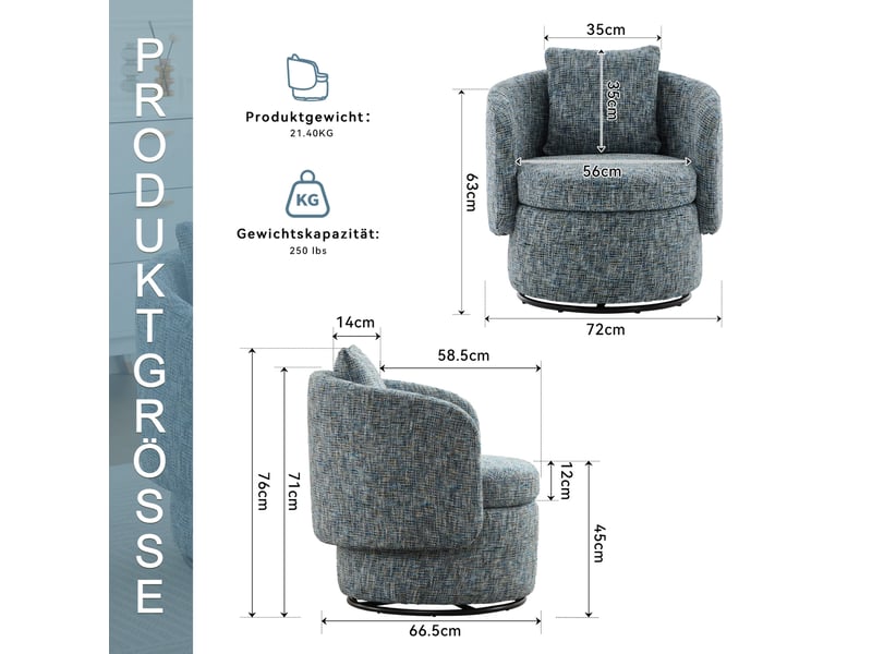  Fauteuil pivotant ulevr 360° avec rangement caché 72 x 66,5 x 76 cm en chenille bleu  - Conforama C