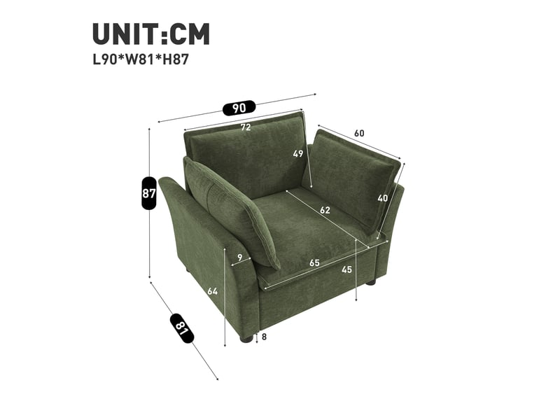 Fauteuil relax 1 place 90x81x87 cm avec accoudoirs, dossier et bras rembourrés moelleux, pour salon bureau petit espace, chenille, vert OMNIGLINT TRADING LTD - Conforama C