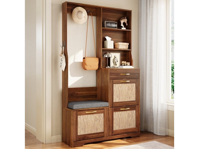  Armoire d'entrée vestiaire avec banc à chaussures tiroirs façade rotin crochets penderie rangement couloir meuble multifonction pour hall entrée  - Conforama D