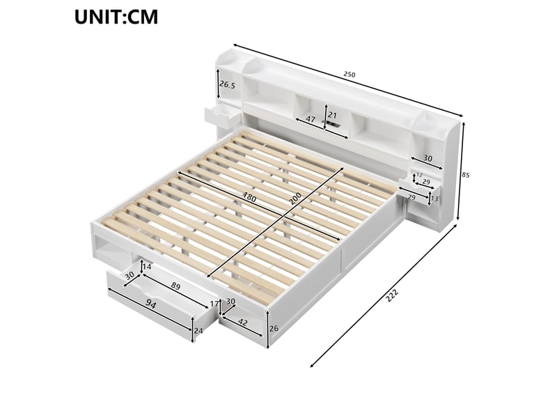 Lit avec rangement 180x200 cm, 3 tiroirs et rangements tête et pied, led et usb, en bois, blanc - Conforama C
