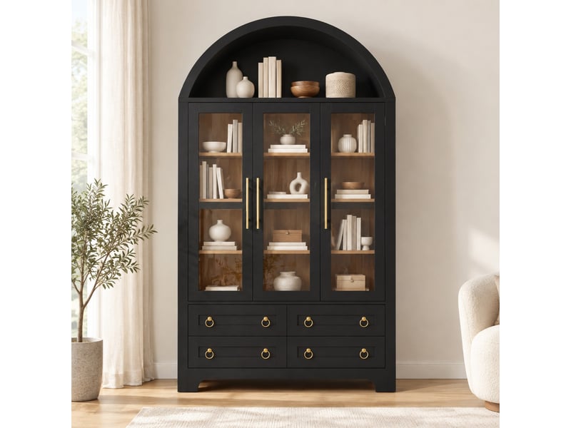  Buffet haut noir avec 3 portes vitrées, 4 tiroirs et niche ouverte en arche, poignées en aluminium  - Conforama B