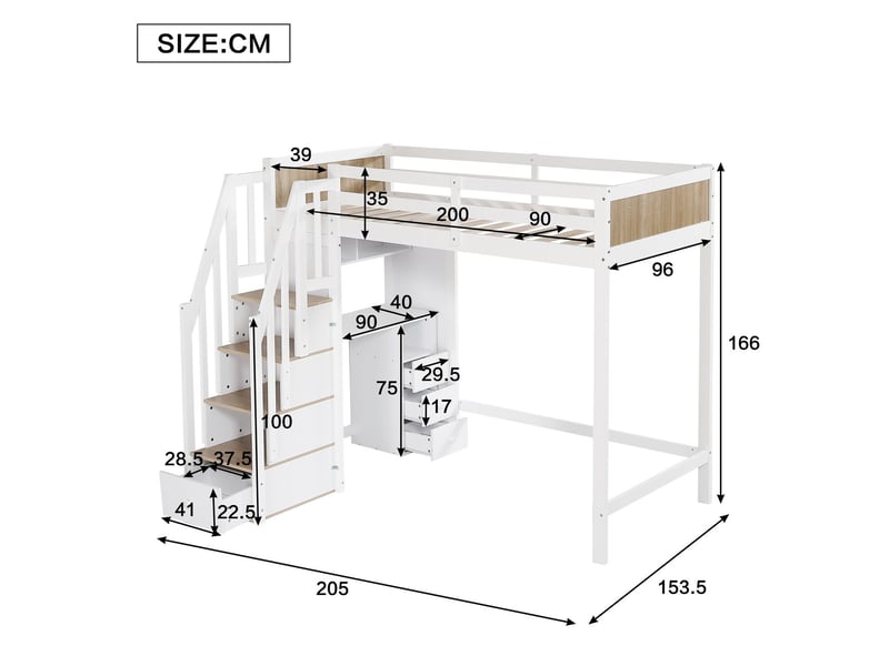  Lit superposé enfant 90x200, garde-corps sécurité bureau 3 tiroirs échelle rangement  - Conforama C
